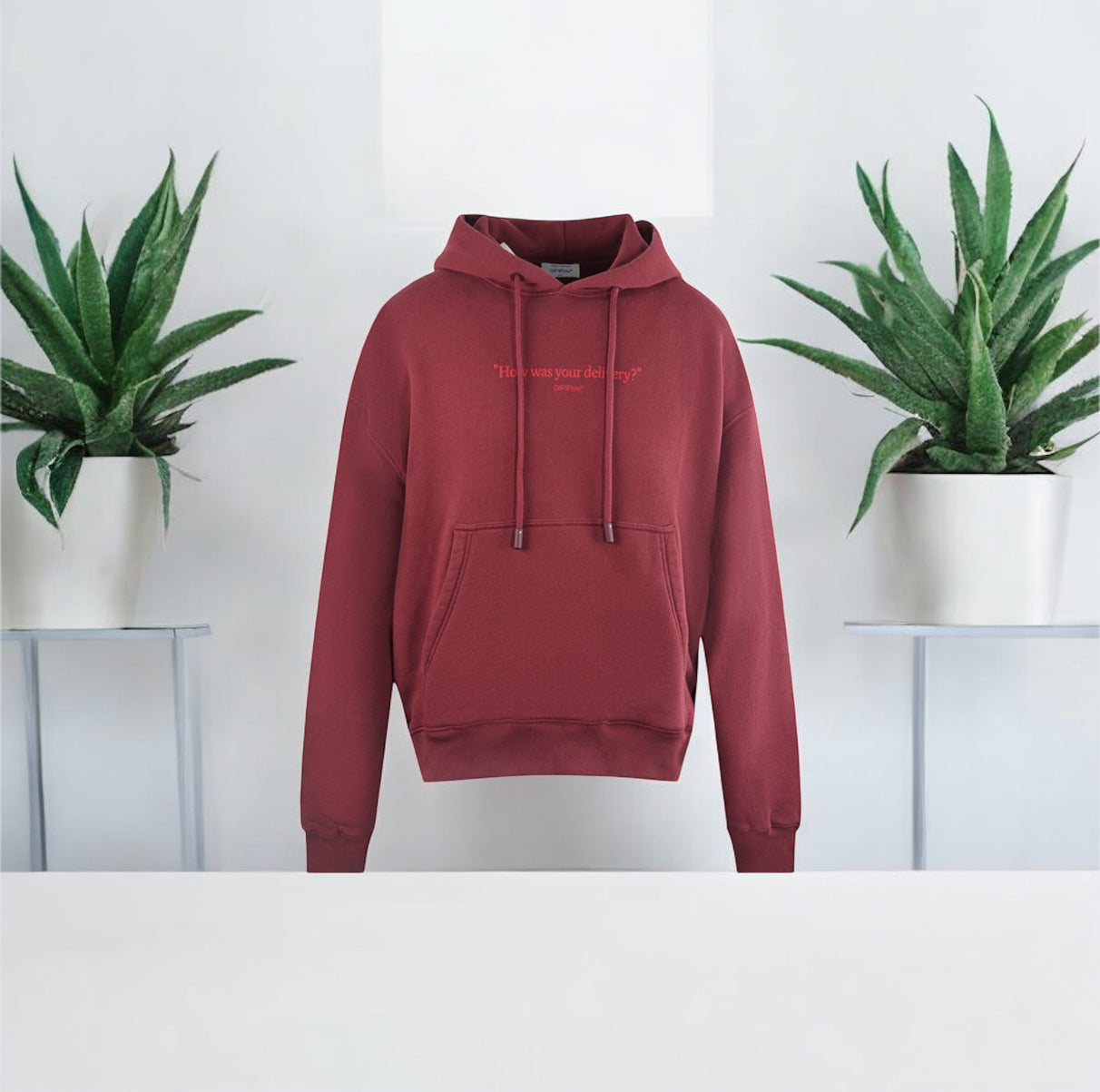 Off White How Was Your Delivery Dark Red Skate Hoodie