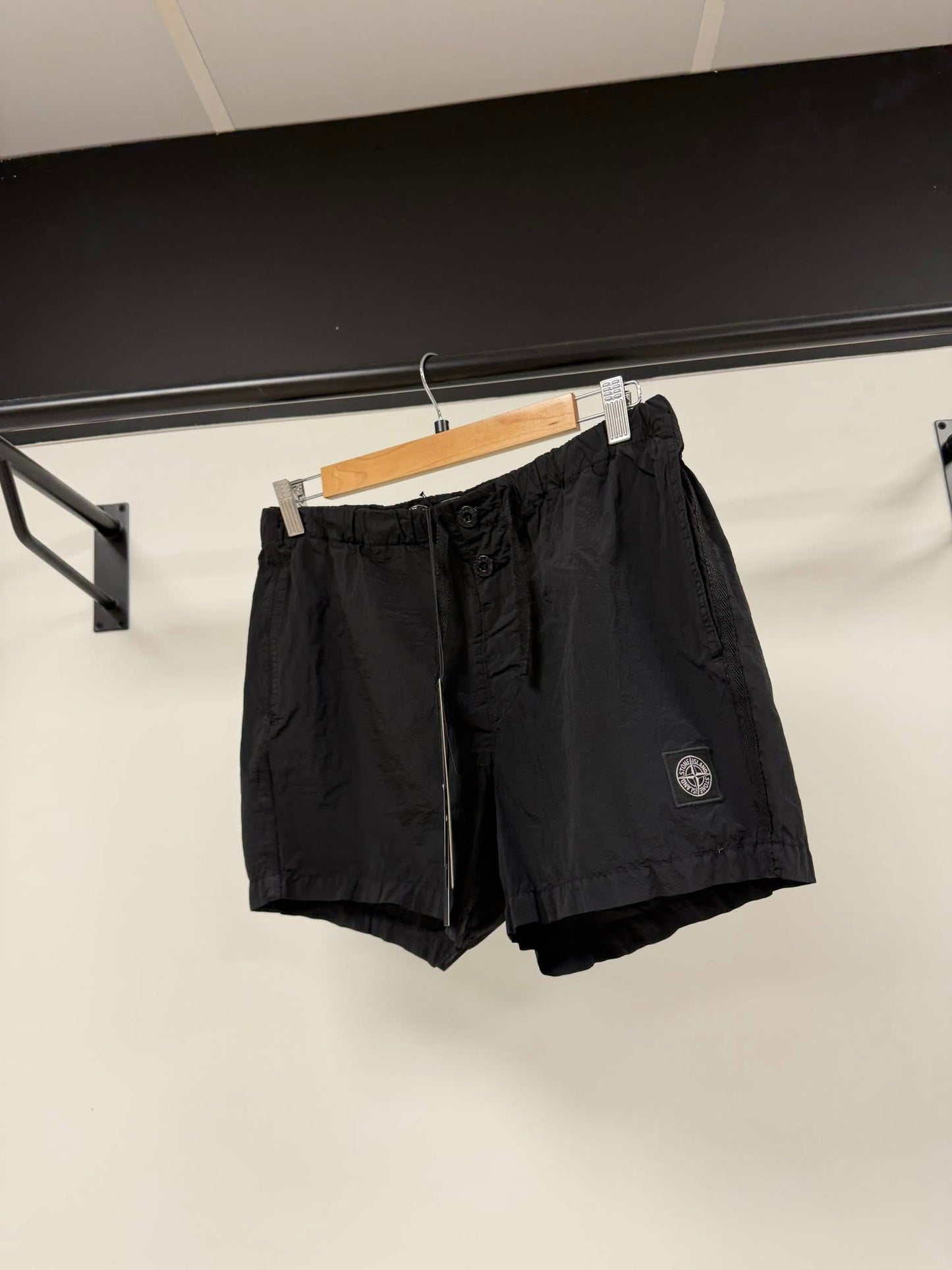 Stone Island Crinkled Nylon Black Swim Shorts