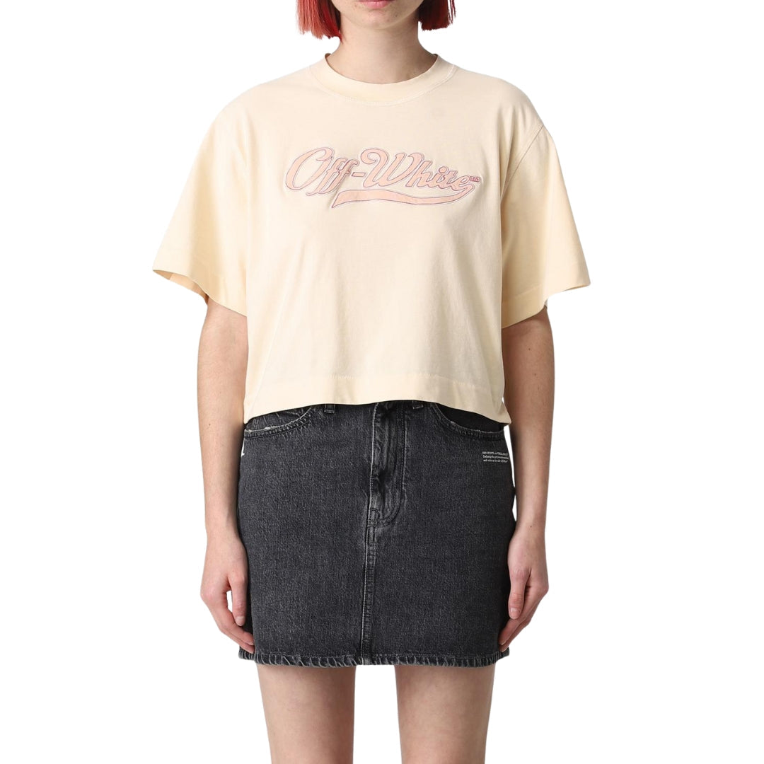 Off-White Embroidered Baseball Logo Crop Tee Beige XS