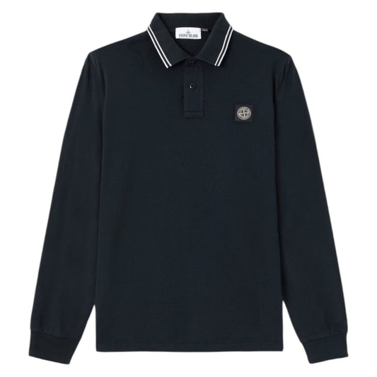 Stone Island Organic Cotton Pique Long Sleeve Navy Polo Shirt