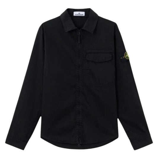 Stone Island Organic Cotton Satin Zip Up Black Overshirt