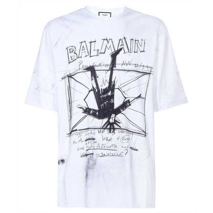 BALMAIN YU1EH035GB83 Balmain Sketch Drawing Logo White T-Shirt EAB WHITE T-SHIRT MALE S